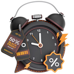 Black Friday Limited Time Discount Alarm Clock With 50 Percent Off Sale Tags And Lightning Bolts On Transparent Background