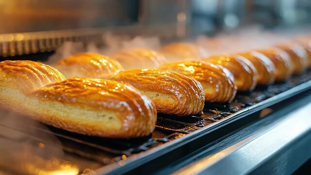 Freshly baked pastries on a rack, steaming and golden brown, ready to serve.