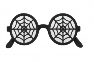 Halloween costume accessory: round black spiderweb glasses for spooky parties and festive celebrations on transparent background
