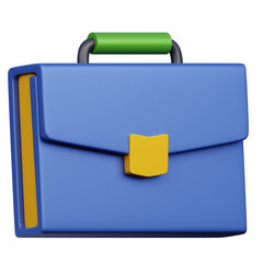 Blue business briefcase with yellow accent and green handle on a transparent background representing work and finance