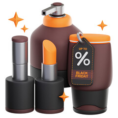 Cosmetic products and black friday sale tag with up to percentage discount offer on transparent background for beauty promotions and retail events