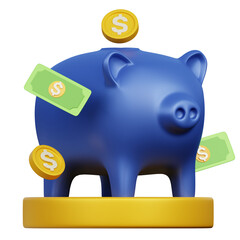 Blue 3D Piggy Bank on a Golden Pedestal Surrounded by Flying Gold Coins and Green Dollar Bills with Dollar Signs
