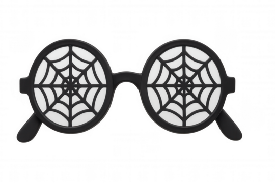 Halloween costume accessory: round black spiderweb glasses for spooky parties and festive celebrations on transparent background