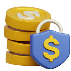 Golden Dollar Coins Stack Protected by Blue Shield Lock Symbolizing Financial Security and Safety