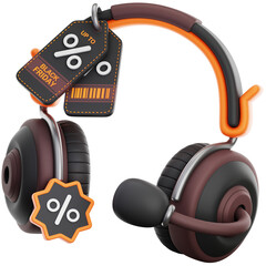 Headphones With Black Friday Sale Tags And Percentage Discount Symbols In Orange And Brown Colors With Transparent Background