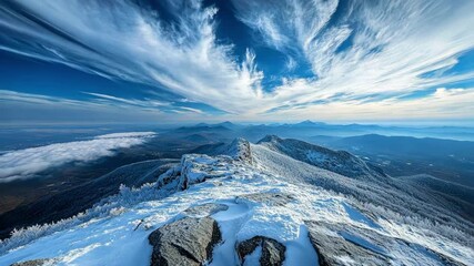 Breathtaking view from a snowy mountain peak under a vibrant blue sky.