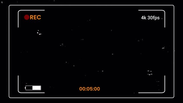 Vintage VHS Camcorder Viewfinder Recording Screen Overlay Loop with Heavy Analog Noise, Glitches, Distortions, and Retro Time Code Effect on Black Background.