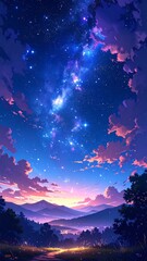 Naklejka premium Anime-style illustration of a vibrant night sky with stars and clouds