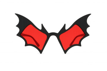 Bat wing sunglasses with red lenses for gothic costume or halloween party isolated on transparent background