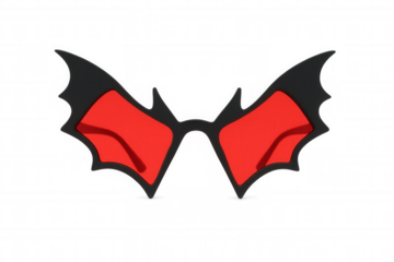 Bat wing sunglasses with red lenses for gothic costume or halloween party isolated on transparent background