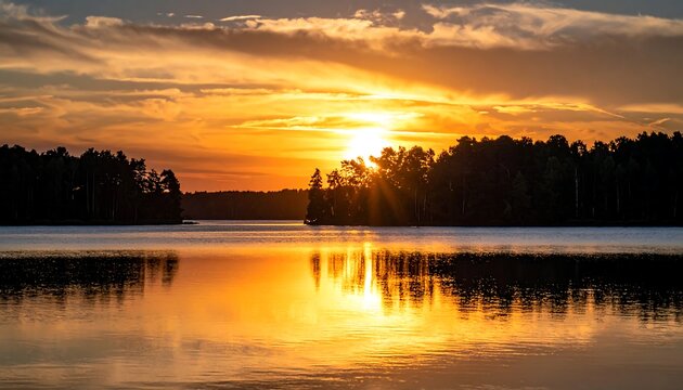 Dramatic sunset casts golden reflections on calm lake water - Powered by Adobe