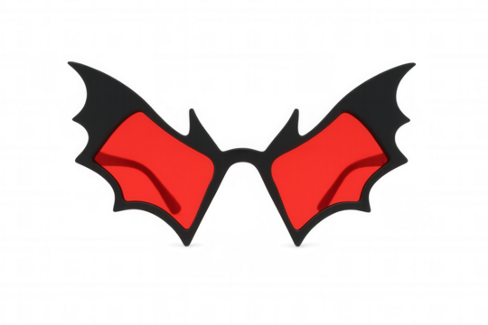 Bat wing sunglasses with red lenses for gothic costume or halloween party isolated on transparent background