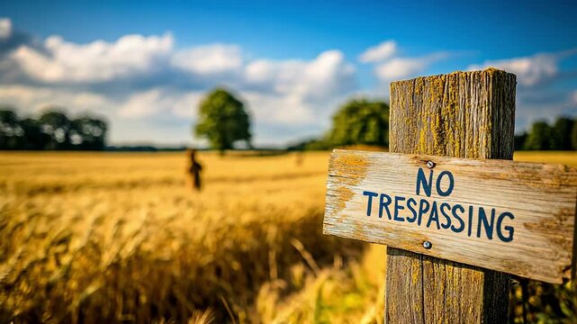 Rustic 'No Trespassing' sign in a golden wheat field under a blue sky.