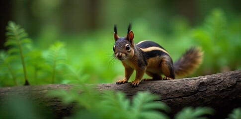 Obraz premium A tiny squirrel kit cautiously exploring a moss covered fallen log, surrounded by ferns and forest floor detail. A close up, low angle perspective of a small squirrel kit cautiously stepping onto a