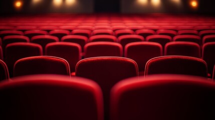 Elevated back-of-hall perspective showing rows of scarlet seats, defocused audience silhouettes and muted theater wall textures