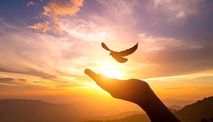 Pixelated Bird Flying from Hand into Warm Sunset Sky with Clouds and Hills Landscape, Symbolizing Freedom Hope Peace, Conceptual Digital Art