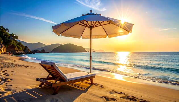 Golden sunrise over a tranquil beach with a reclined chair and umbrella - Powered by Adobe
