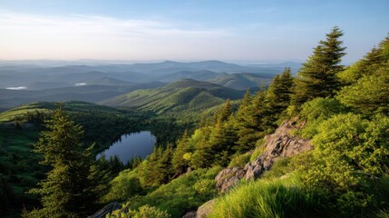 Fototapeta premium Breathtaking sunrise over tranquil lake mountain range nature photography serene environment aerial view peaceful landscape
