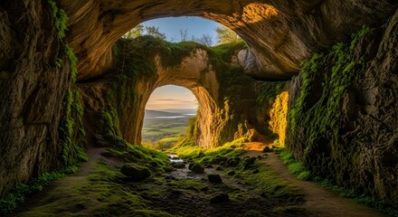 Obraz premium A Scenic Cave Entrance with Moss-Covered Rocks and Sunset Landscape View