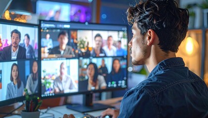A person participates in a virtual meeting, engaging with multiple participants on large screens.