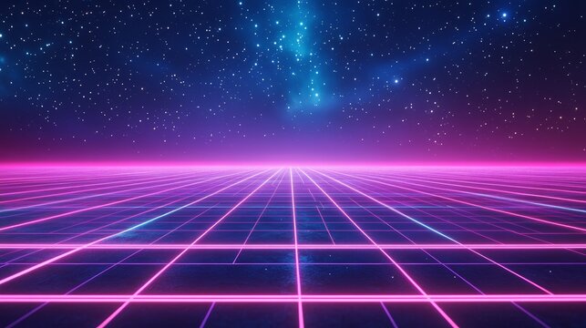Panoramic banner view of glowing neon grid floor receding to horizon, bold magenta and cyan lines under starry night sky, central blank ribbon area for event title
