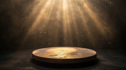 Obraz premium High-contrast 3D render of a solitary warm spotlight shining down on circular platform, visible light rays and floating dust motes in an otherwise dark void