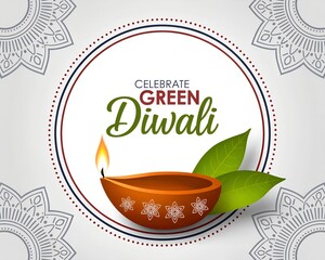 Minimalist Green Diwali poster with an earthen diya, green leaves, and mandala border on a white background — promoting eco-friendly celebration.