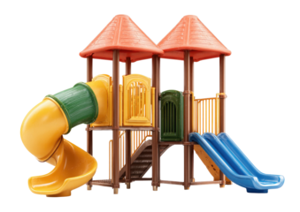Colorful playground structure with slides, stairs, and twin peaked roofs