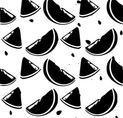 Minimalist black silhouette vector of a seamless pattern featuring black and white citrus fruit slices scattered on a white background design