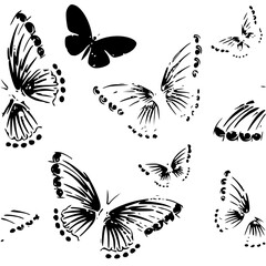 Minimalist black silhouette vector of a a collection of black and white butterfly illustrations with varying wing designs and sizes scattered around