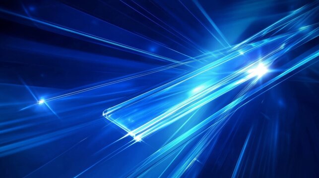 Abstract vector composition of intense blue background with layered laser beams and strobe light bursts, clean lines and minimalist shapes creating a high-tech display environment
