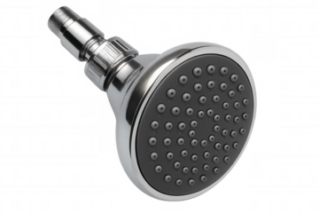 Chrome shower head with gray nozzle and water outlets providing refreshing bathroom hygiene on transparent background