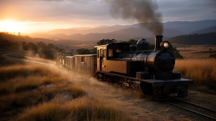 A vintage steam train journey through scenic landscapes countryside photography golden hour side view nostalgia and adventure