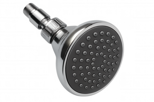 Chrome shower head with gray nozzle and water outlets providing refreshing bathroom hygiene on transparent background