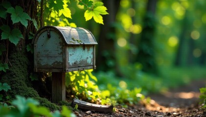 Abandoned, weathered wooden mailbox, overgrown with vines, forgotten rural communication, post apocalyptic, lost history. An old, severely weathered wooden mailbox with splintered wood and peeling