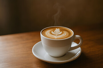 Obraz premium White Ceramic Cup with Latte Art Wooden Surface