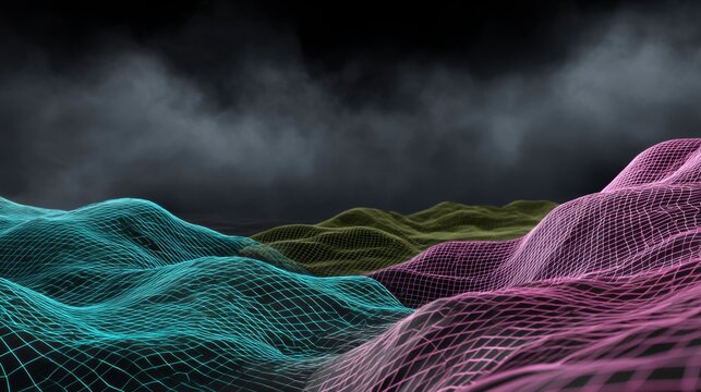 Dynamic digital wave patterns virtual space 3d graphics abstract environment aerial view technology concept - Powered by Adobe