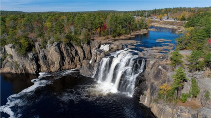 Majestic waterfall cascading through lush forest scenic landscape aerial view nature's beauty tranquil environment