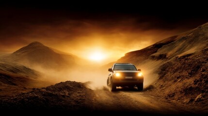 Fototapeta premium Adventure vehicle traversing rugged terrain at dusk in a desert landscape capturing the essence of freedom and exploration
