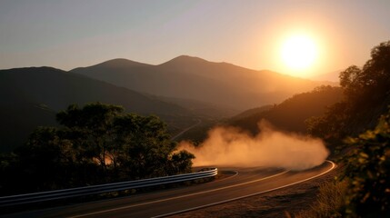 Thrilling car drift at sunset mountain road action event scenic landscape dynamic viewpoint adrenaline rush
