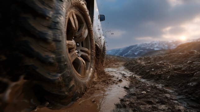 Off-road adventure mountain landscape action shot muddy terrain low angle view thrilling exploration