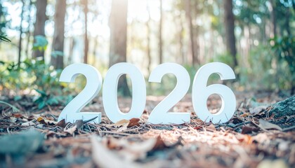 自然豊かな森の地面に、白い大きな「2026」の数字が置かれている。明るい光とソフトフォーカスが、ナチュラルで希望に満ちた雰囲気。未来、環境、新しさ、時間、目標、新年
