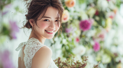 明るい光と色鮮やかな花の壁を背景に、レースのウェディングドレスを着た美しい花嫁が、幸福感あふれる笑顔で振り向く瞬間。ウェディング、美容、ライフスタイル、ポジティブな感情