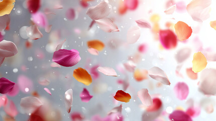 ピンク、マゼンタ、オレンジがかった色の花びらが、柔らかな光の中で舞い散る様子を捉えた、幻想的でロマンチックな雰囲気の抽象的な背景素材。結婚式、春、感情、美容、デザイン背景