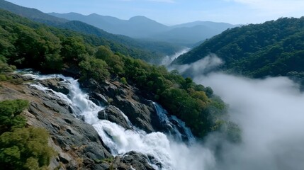 Majestic waterfalls flowing through lush mountains nature scene scenic viewpoint tranquil environment
