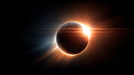 Obraz premium Total solar eclipse with fiery corona and diamond ring effect, dramatic space astronomy scene on black.