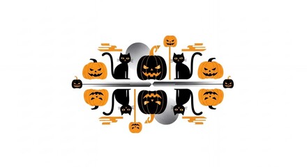 Fototapeta premium Halloween vector illustration featuring black cats and carved pumpkins on a white background. Concept for festive invitations, spooky decorations and seasonal designs