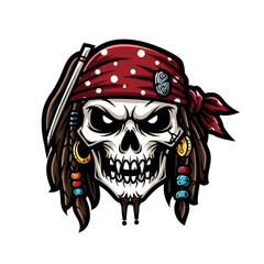 Fearsome undead pirate captain skull with a red bandana and dreadlocks