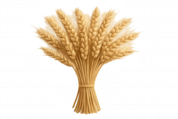 Golden wheat sheaf bundle symbolizing harvest, farm, and food. Cereal crop representing healthy eating, rural life. Transparent background