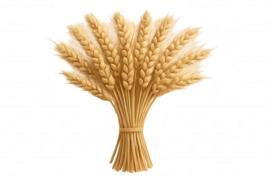 Golden wheat sheaf bundle symbolizing harvest, farm, and food. Cereal crop representing healthy eating, rural life. Transparent background
